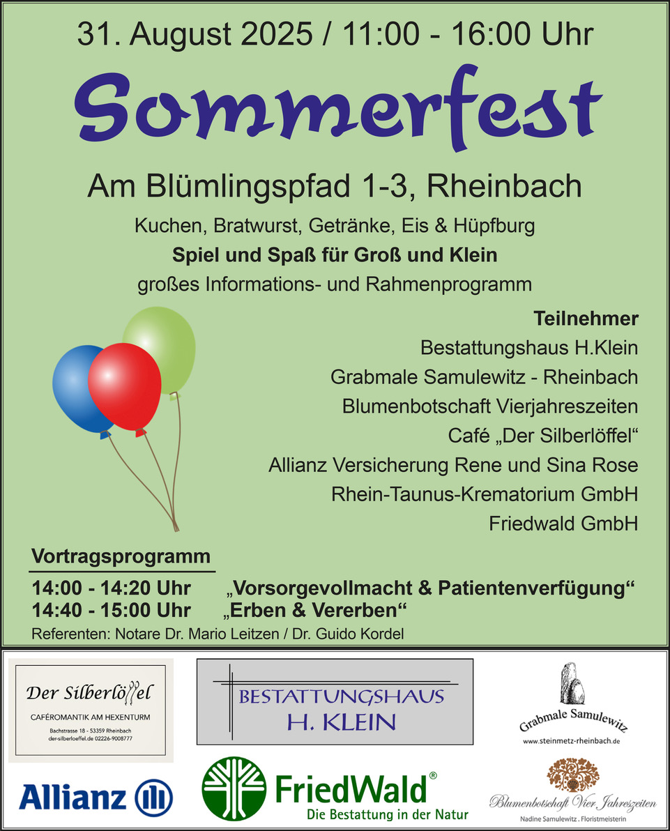 Sommerfest-Plakat mit bunten Ballons, Veranstaltungsdetails, Logos und Programm am 31. August 2025.